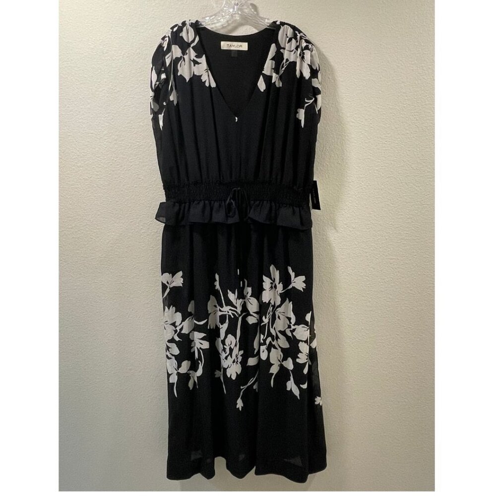 TAYLOR Sheer Lined Short Sleeve Peplum V-Neck Maxi Dress Floral Blk/Wht 18W NWT - Picture 2 of 12